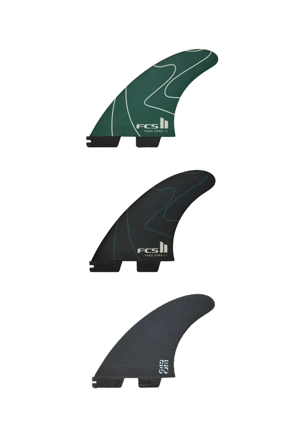 FCS II Yago Dora PC Tri Surfboard Fin Set Green/Black - Image 4
