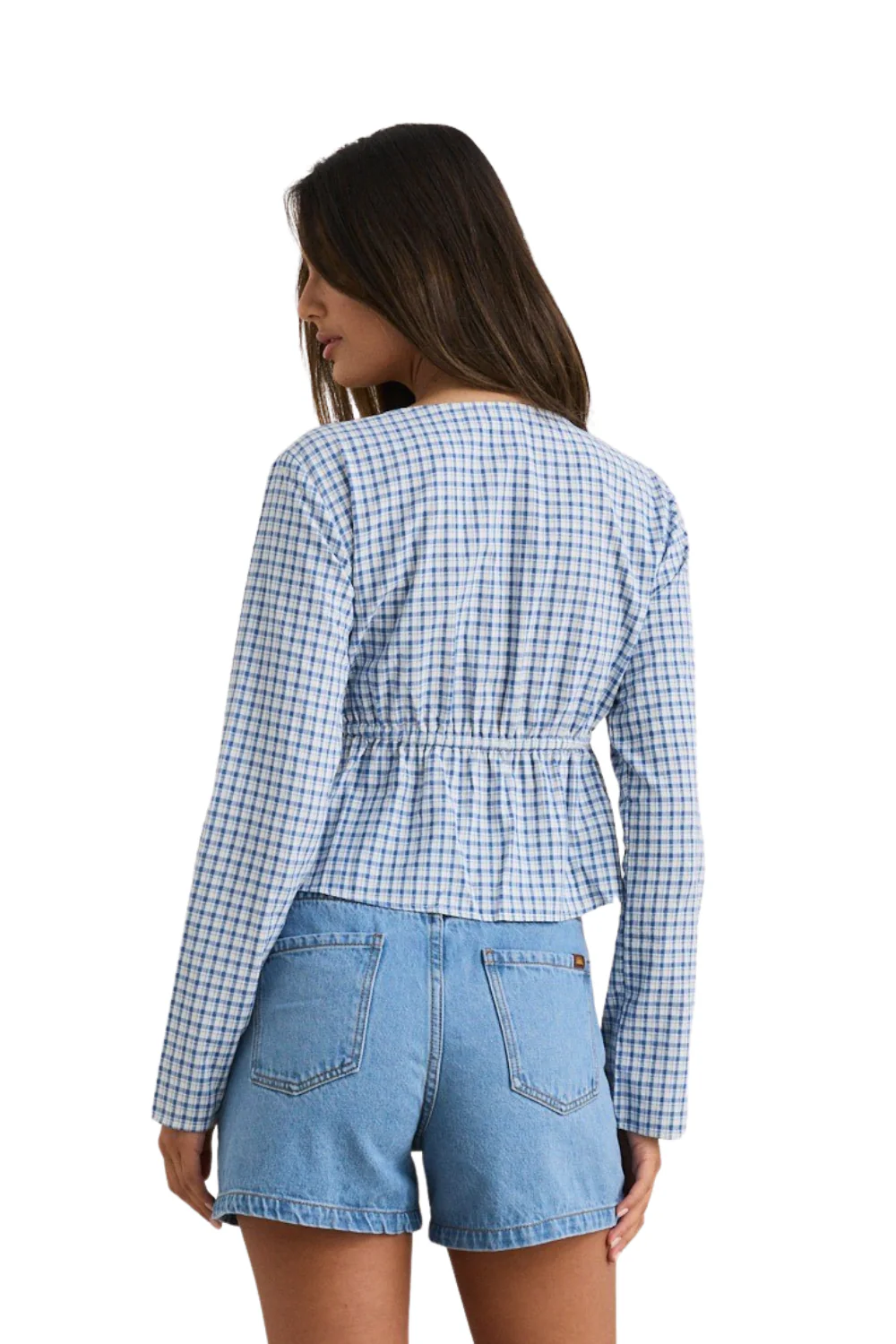 Rhythm Lola Womens Check Tie Front Long Sleeve Top Blue - Image 2