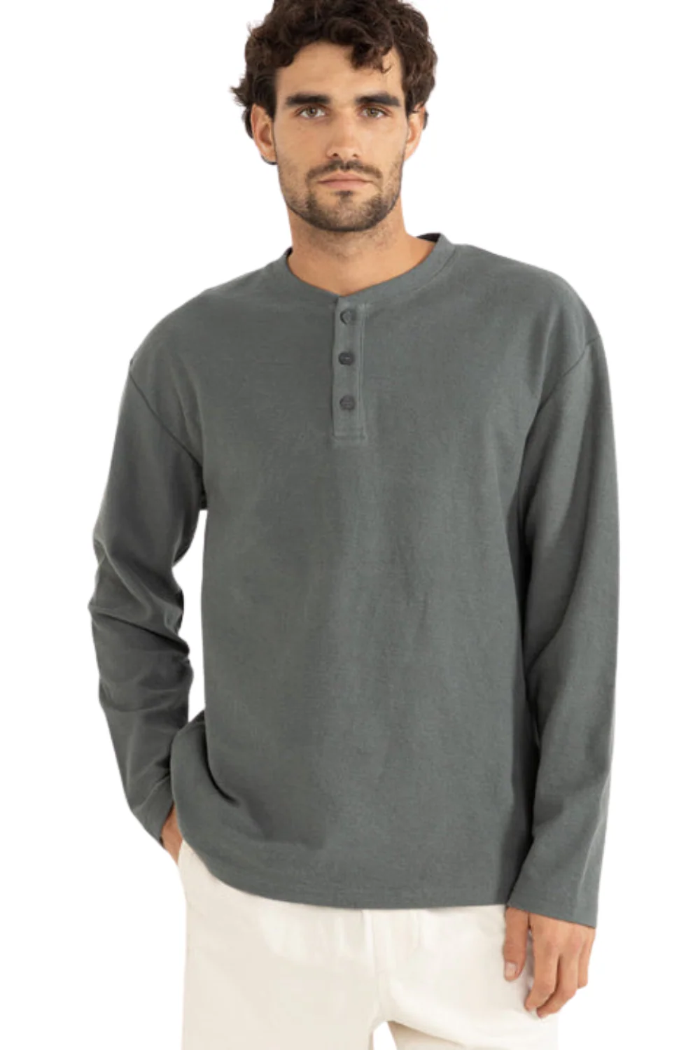 Rhythm Vintage Terry Henley Long Sleeve T-Shirt Silver Pine - Image 2