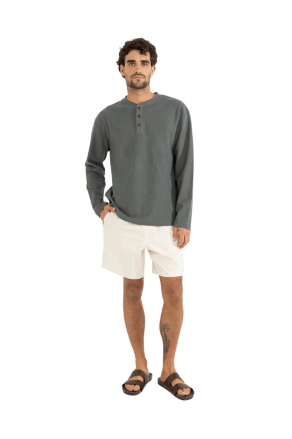 Rhythm Vintage Terry Henley Long Sleeve T-Shirt Silver Pine - Image 5