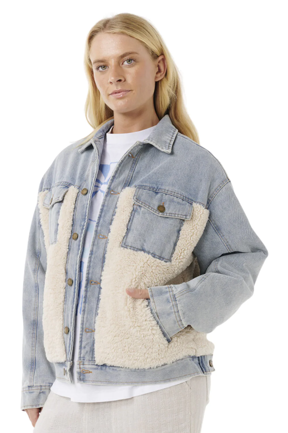 Rip Curl Cruisin Sherpa Denim Jacket Washed Blue - Image 3